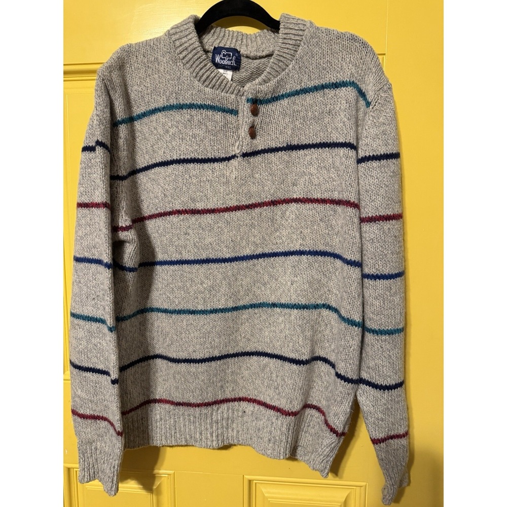British Honk Kong Vtg 85%Wool Large Woolrich  Sweater Lattice Leather‎ Buttons